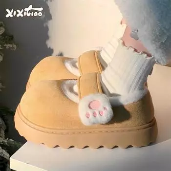 Женские мокасины с круглым носком: Симпатичные, нескользящие, с толстой подошвой, осенне-зимние уличные туфли из хлопка с липучкой «кошачий коготь». 38-39