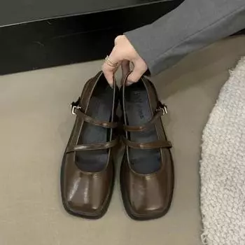 Женские мокасины с квадратным носком, весна-осень, женская обувь, повседневная, с пряжкой на ремне, повседневные милые туфли-лодочки на толстом среднем каблуке, туфли Мэри Джейн 35 чёрный