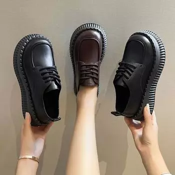 Женские мокасины с толстой подошвой и круглым носком, повседневные туфли Мэри Джейн, черные, коричневые, британские, со шнуровкой, кожаные, на плоской платформе, одинарные туфли 35 чёрный