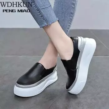 Женские мокасины Slip on, женская обувь на вулканизированной платформе с шитьем, женская модная повседневная обувь из искусственной кожи, женская удобная обувь 2024 г. 35 чёрный