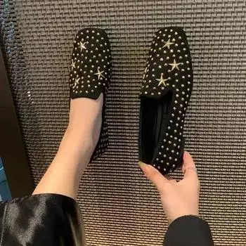 Женские мокасины со стразами и заклепками на квадратном каблуке, женская рабочая обувь, удобная для отдыха, универсальная парусиновая обувь на плоской подошве, Zapatos Mujer 35