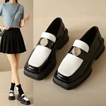 Женские мокасины в британском стиле 2024 года, классические черные и белые женские кожаные туфли с цветными блоками, повседневная и универсальная обувь на платформе 35 чёрный