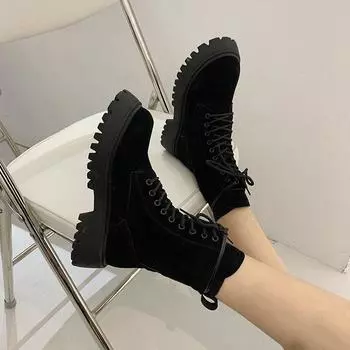 Женские мотоциклетные ботинки до середины икры, короткие сапоги на платформе и плоском каблуке высотой 4,5 см, женская обувь, женские зимние нескользящие ботинки на шнуровке 5 коричневый