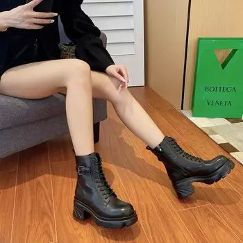 Женские мотоциклетные ботинки на танкетке, плоские туфли, женские ботинки на платформе из натуральной кожи, женские туфли на шнуровке, черные ботинки для девочек 34 чёрный