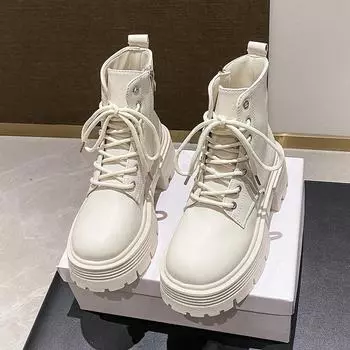 Женские мотоциклетные ботинки на толстой подошве в британском стиле 2024 года: Универсальные короткие сапоги на осень/зиму с высоким каблуком 35 грязно-белый