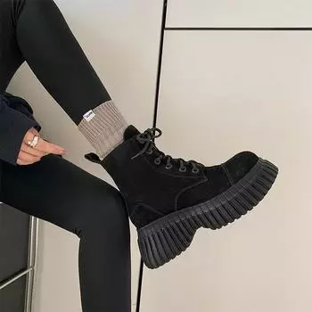 Женские мотоциклетные ботинки в британском стиле из коровьей замши с круглым носком на шнуровке и плоской платформе, толстая подошва, ручная работа 6