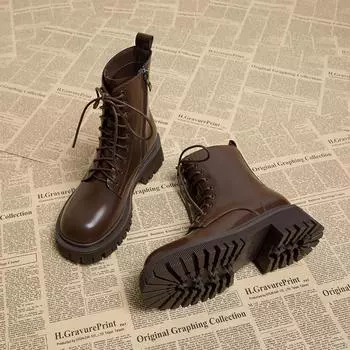 Женские мотоциклетные ботинки в британском стиле, модные туфли с молнией сзади, осень-зима, толстый каблук, женские короткие ботинки 35