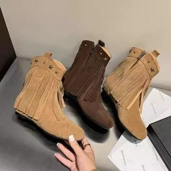 Женские мотоциклетные ботинки, женские повседневные ботинки с бахромой, модные короткие ботинки на платформе и каблуке, женские ботинки осень-зима, удобные рыцарские ботинки 36 хаки