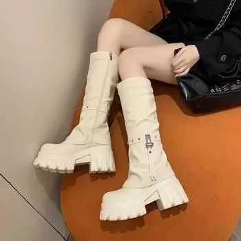 Женские мотоциклетные длинные сапоги осень-зима теплые сапоги до колена кожаные ботинки женские на толстой подошве на платформе Botas Mujer высокие каблуки 34 чёрный