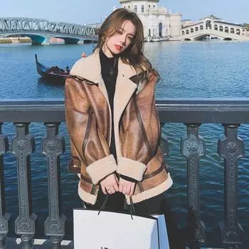 Женские мотоциклетные куртки из искусственной кожи с овечьим мехом, женская модная верхняя одежда на молнии с длинными рукавами, осенне-зимнее теплое пальто S темно-коричневого