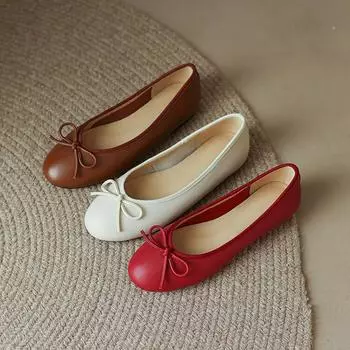 Женские мягкие балетки из натуральной кожи, милые, с завязкой-бабочкой, с круглым носком, удобные балетки, бежево-красные 33
