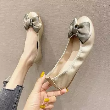 Женские мягкие балетки с круглым носком и бабочкой, милые удобные балетки без застежек, женская искусственная кожа 33 абрикосовый