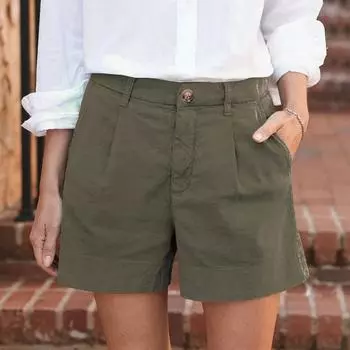 Женские мягкие хлопковые льняные шорты с карманами, мягкие шорты на пуговицах без молнии, облегающие шорты L армия зеленый