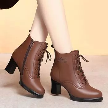 Женские мягкие кожаные ботинки Martin на высоком каблуке — осенне-зимняя водонепроницаемая платформа, бархат, толстый каблук, короткий фасон. 40, MYQ2512, velvet lining чёрный