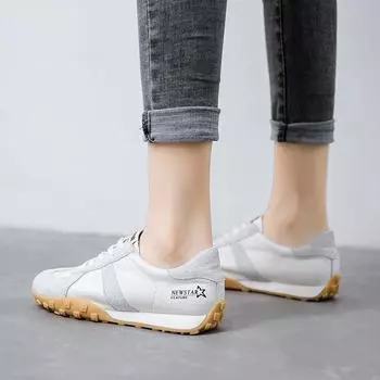 Женские мягкие кожаные кроссовки для ходьбы, удобные, дышащие, молодежные, повседневные, кроссовки на шнуровке, нескользящие, плоские, спортивные, для бега 35 бежевый