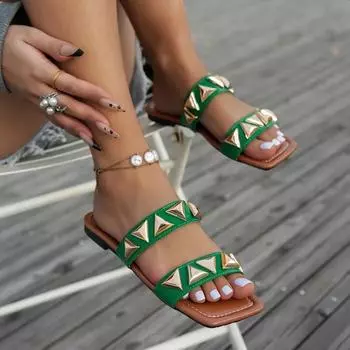 Женские мягкие кожаные туфли на плоской подошве с заклепками, летние зеленые тапочки с открытым носком, швы в стиле ретро, большие размеры, золотые заклепки 36 зелёный