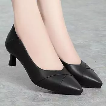 Женские мягкие кожаные туфли с мягкой подошвой, удобные, универсальные, для работы, на высоком каблуке 35 чёрный