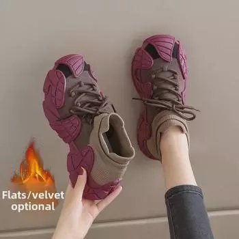 Женские мягкие неутомительные кроссовки для папы из фиолетового бархата на осень/зиму: Кроссовки на толстой подошве