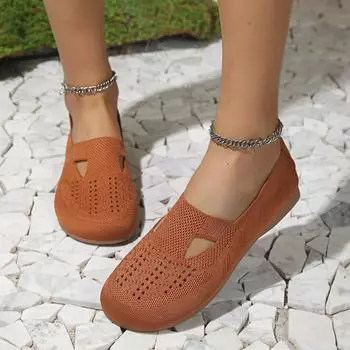 Женские мягкие трикотажные туфли на плоской подошве — стильный дизайн с круглым носком и полыми отверстиями — удобные прогулочные туфли без шнуровки для повседневной носки — дышащие и легкие