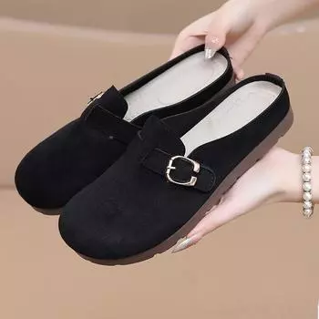 Женские мюли из искусственной замши на плоской подошве, удобные сандалии без застежек, рабочие шлепанцы, пробковые закрытые туфли с круглым носком и открытой спиной, женские повседневные тапочки-сабо 35 чёрный