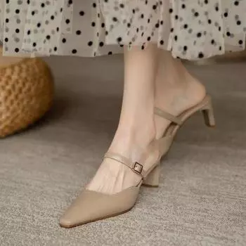 Женские мюли на каблуках-рюмочках с заклепками золотистого цвета, летние босоножки с острым носком, модные бежевые женские повседневные туфли на среднем каблуке 35 хаки