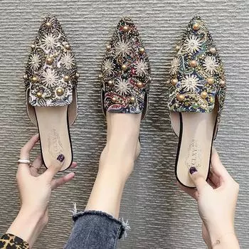 Женские мюли, расшитые стразами, меховые тапочки, бархатные туфли, женские босоножки на низком каблуке с надписью «Love Decorated», женские шлепанцы, размер 40 35 бежевый