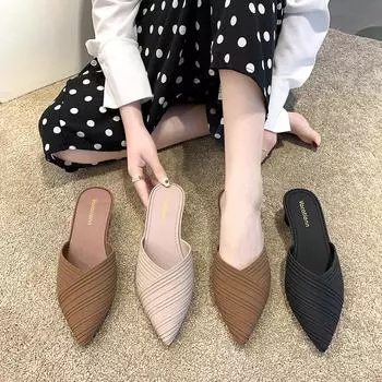 Женские мюли с острым носком и средним каблуком: Полутапочки с закрытым носком, в корейском стиле, идеально подходят для весны и осени. 39 коричневый