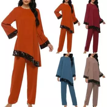 Женские мусульманские нерегулярные бусины больших размеров, кружевная рубашка с длинным рукавом, спортивные штаны, костюм из двух предметов, универсальный народный халат, спортивные костюмы, комплект M вино красного