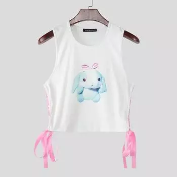 Женские Мужские Безрукавные Милые Принты Повседневные Топы-Майки Кроп с Боковой Шнуровкой S