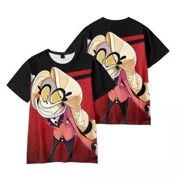 Женские Мужские футболки Hazbin Hotel Мультяшные с принтом Круглый вырез Оверсайз Короткий рукав Мода Мужская одежда Уличная одежда XS чёрный