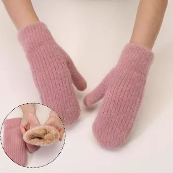 Женские мужские зимние ветрозащитные теплые вязаные перчатки шерстяные варежки утолщенные пушистые варежки светло-серый