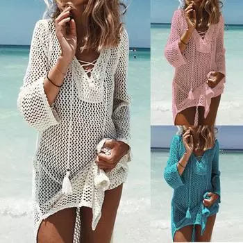 Женские накидки на рукава, бикини, полые накидки на шнуровке, сетчатый пляжный купальник, платье синий