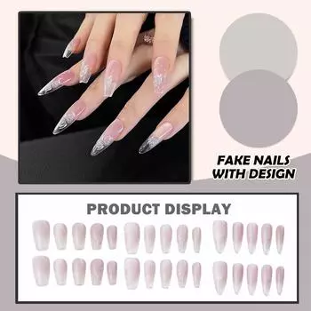 Женские накладные ногти среднего размера с рисунком телесного цвета на акриловых ногтях глянцевые накладные ногти с полным покрытием L