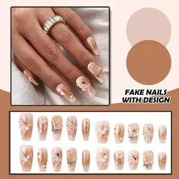 Женские накладные ногти среднего размера с рисунком телесного цвета на акриловых ногтях глянцевые накладные ногти с полным покрытием L бежевый