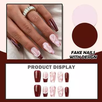 Женские накладные ногти среднего размера с рисунком телесного цвета на акриловых ногтях глянцевые накладные ногти с полным покрытием L винный