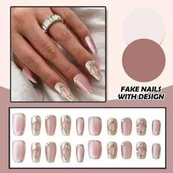Женские накладные ногти среднего размера с рисунком телесного цвета на акриловых ногтях глянцевые накладные ногти с полным покрытием L