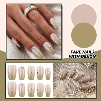 Женские накладные ногти среднего размера с рисунком телесного цвета на акриловых ногтях глянцевые накладные ногти с полным покрытием L зелёный