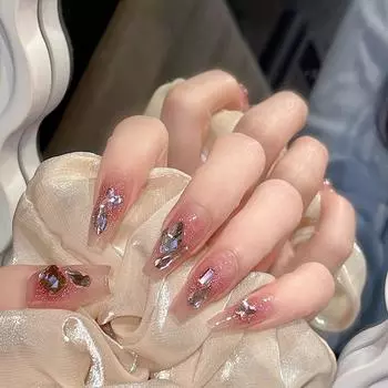Женские накладные ногти среднего размера с рисунком телесного цвета на акриловых ногтях глянцевые накладные ногти с полным покрытием L розовый