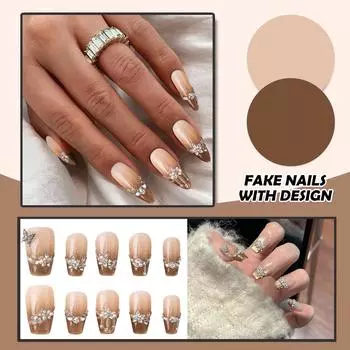 Женские накладные ногти среднего размера с рисунком телесного цвета на акриловых ногтях глянцевые накладные ногти с полным покрытием L бежевый