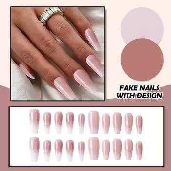 Женские накладные ногти среднего размера с рисунком телесного цвета на акриловых ногтях глянцевые накладные ногти с полным покрытием L