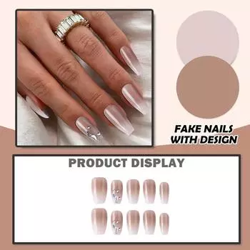 Женские накладные ногти среднего размера с рисунком телесного цвета на акриловых ногтях глянцевые накладные ногти с полным покрытием L