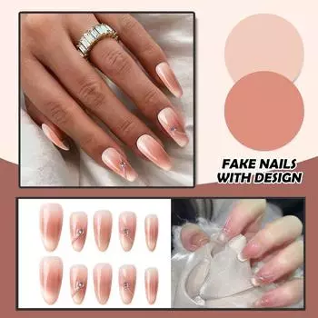 Женские накладные ногти среднего размера с рисунком телесного цвета на акриловых ногтях глянцевые накладные ногти с полным покрытием XS