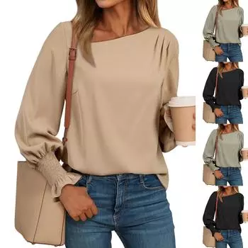 Женские нарядные повседневные плиссированные топы с длинным рукавом, асимметричные деловые рубашки с V-образным вырезом M чёрный