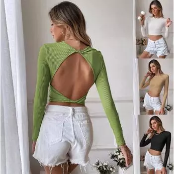 Женские наряды с открытой спиной, уличная одежда, футболки с круглым вырезом и длинным рукавом, облегающие футболки, дышащий укороченный топ S-XL S чёрный