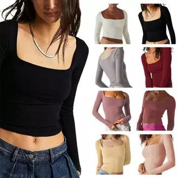 Женские наряды с U-образным вырезом, уличная одежда, облегающие футболки с длинным рукавом, подкладка, облегающие укороченные топы, однотонные S белый