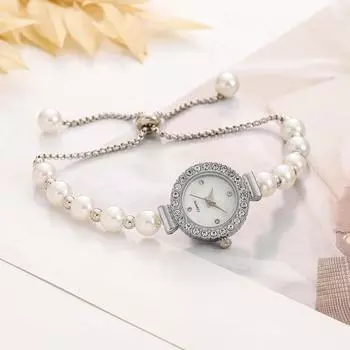 Женские наручные часы с креативным имитационным жемчужным браслетом и бусинами, аксессуары для круглого циферблата со стразами