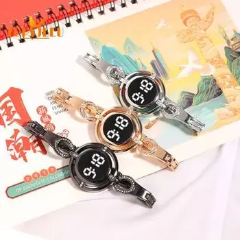 Женские наручные часы со светодиодной подсветкой и сенсорным экраном: Круглый циферблат, ночник, устойчивая к царапинам поверхность, точное отображение времени — стильные электронные часы для повседневного ношения чёрный