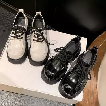Женские настоящие кожаные туфли в британском студенческом стиле, подходящие друг другу туфли на шнуровке и платформе с высокой посадкой 34 чёрный