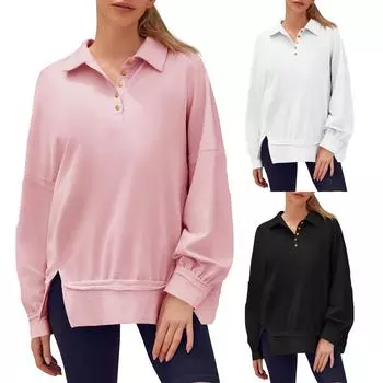 Женские негабаритные пуловеры со свободными рукавами и воротником на пуговицах, толстовки, топы L чёрный