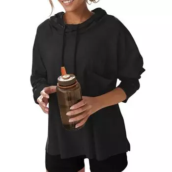 Женские негабаритные толстовки с длинными рукавами, повседневная свободная толстовка с капюшоном и завязками с боковыми разрезами для тренировок L чёрный